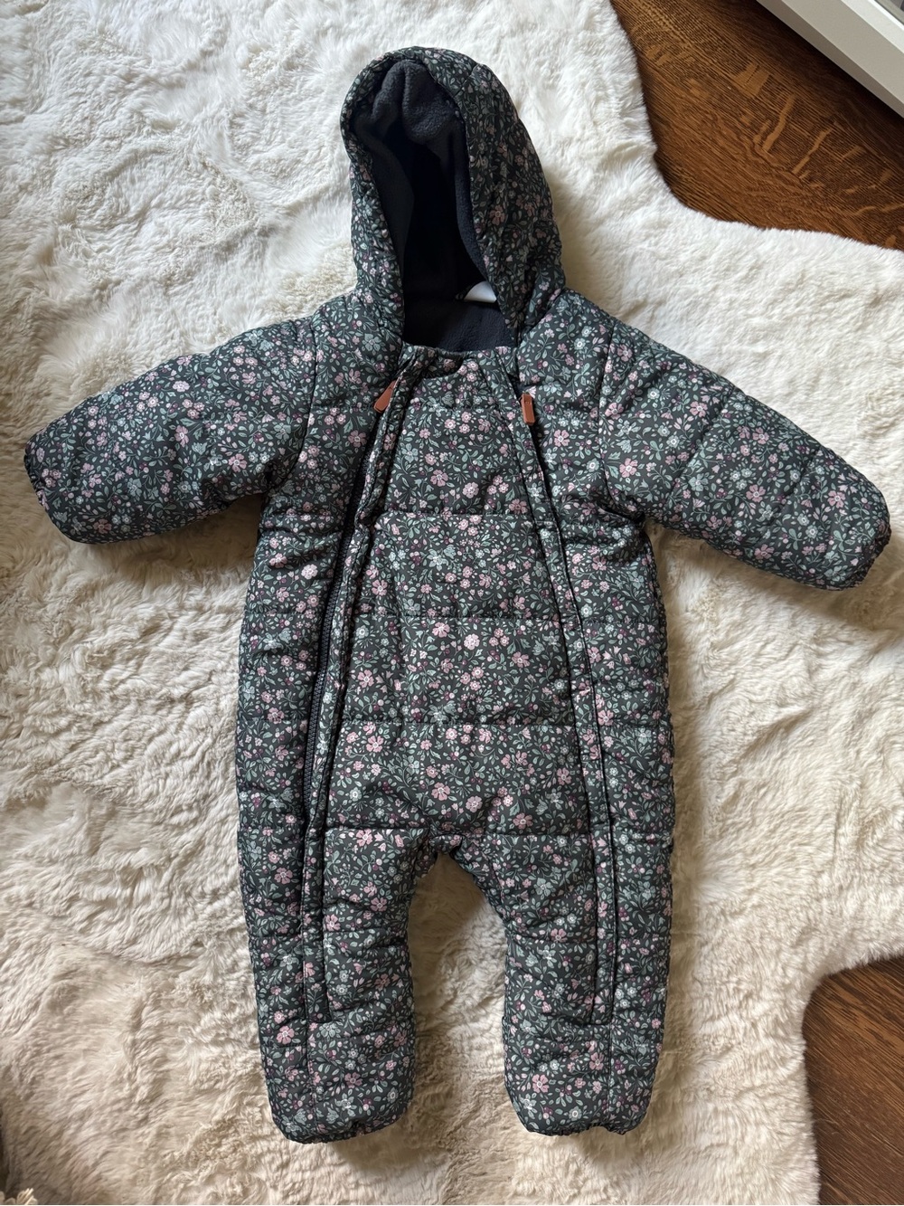 H&M Dark Green Floral Baby Snowsuit with Pink Flowers